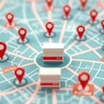 Imágen de un mapa con un paquete de delivery en el centro e iconos de ubicación de google maps alrededor