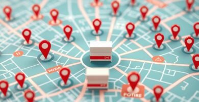 Imágen de un mapa con un paquete de delivery en el centro e iconos de ubicación de google maps alrededor