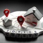 Imágen en estilo caricatura hecho a papel de una casa con marcas de localización y numeros de un codigo postal