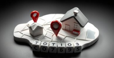 Imágen en estilo caricatura hecho a papel de una casa con marcas de localización y numeros de un codigo postal