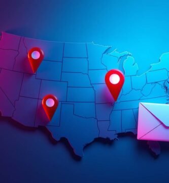 Imágen del mapa de los estados unidos en color azul con marcas de localización en diferentes partes y una carta al costado