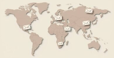 Imágen del mapa mundial en color plomo en un fondo rosado y simbolos de cartas en todos los paises